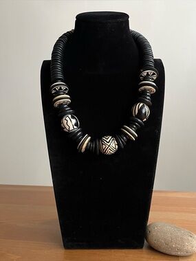 Vintage statement necklace chunky black wood beads and disk beads
